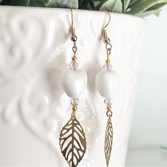 New White Ceramic Heart Glass Crystal Beaded Dangling Earrings Handmade Unique - Picture 5 of 9